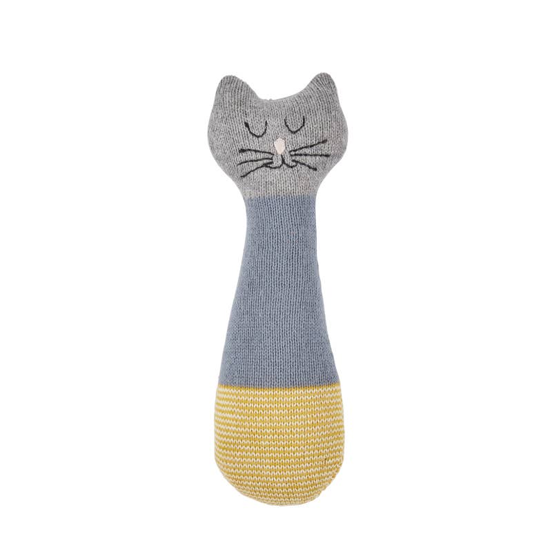 Cotton Knit Baby Rattle Toy - Cat: Blue